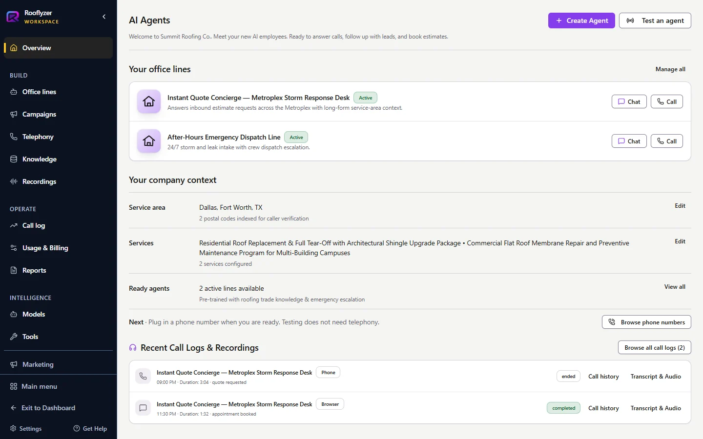 Rooflyzer AI Agents workspace showing Instant Quote Concierge and After-Hours Emergency Dispatch Line