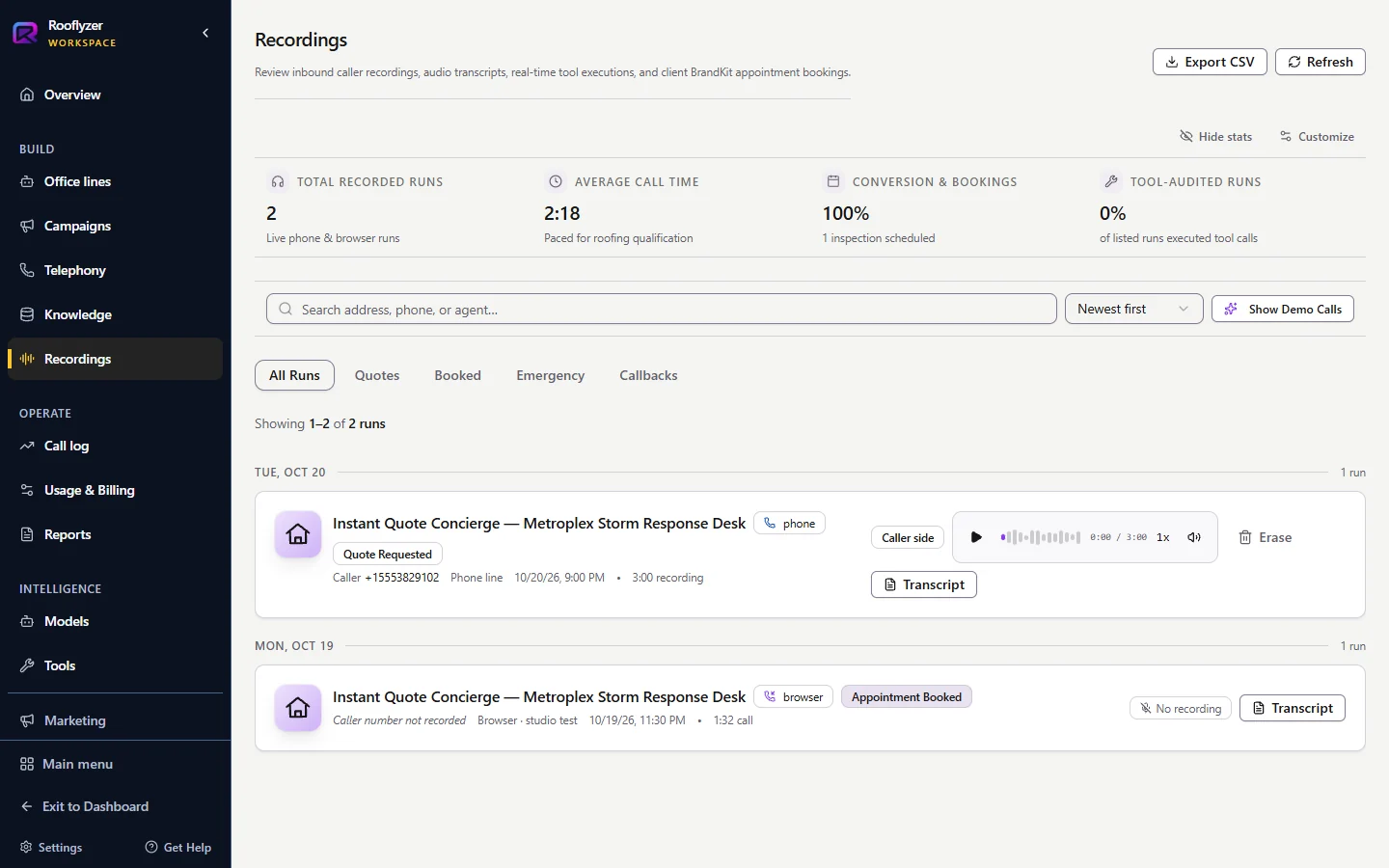 Rooflyzer Recordings showing Instant Quote Concierge call audio waveform and transcript
