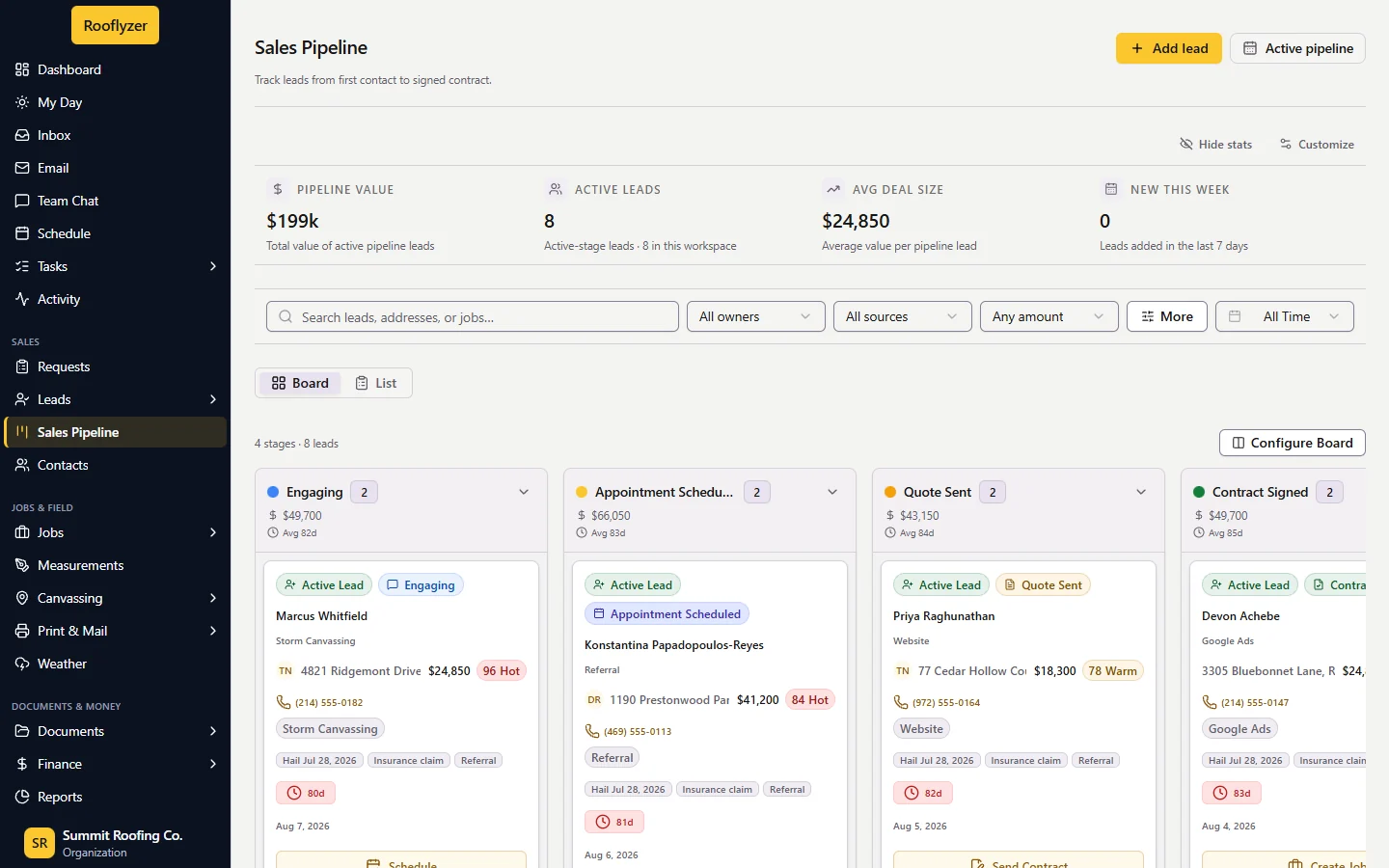 Rooflyzer CRM pipeline and contact management view